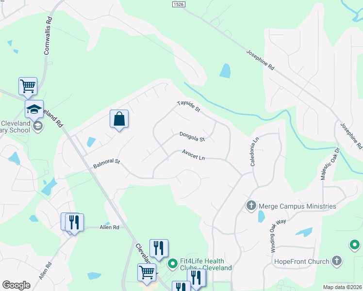 map of restaurants, bars, coffee shops, grocery stores, and more near 298 Avocet Lane in Clayton
