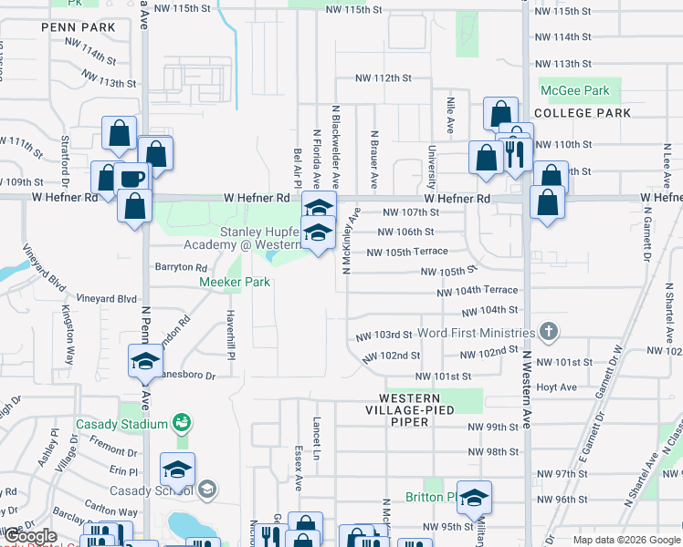 map of restaurants, bars, coffee shops, grocery stores, and more near 10509 North McKinley Avenue in Oklahoma City