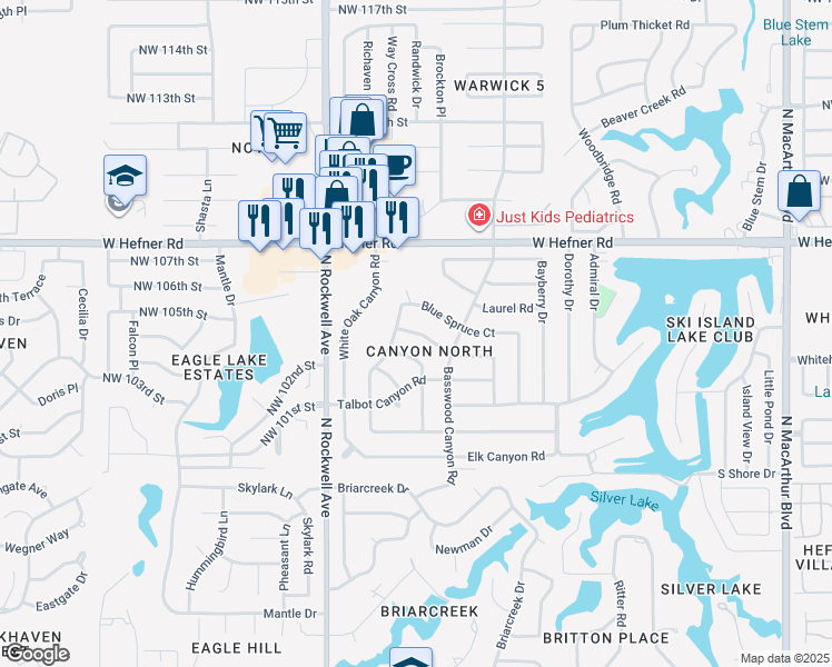map of restaurants, bars, coffee shops, grocery stores, and more near 6904 Bear Canyon Drive in Oklahoma City