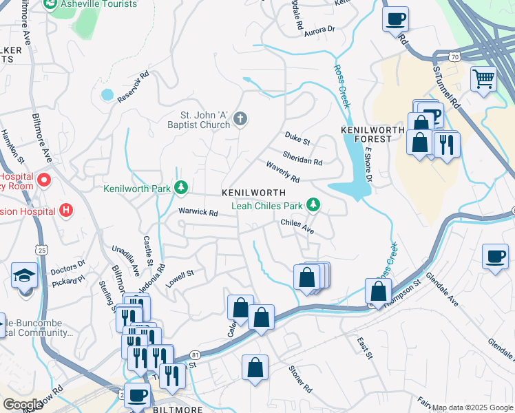 map of restaurants, bars, coffee shops, grocery stores, and more near 33 Lakewood Drive in Asheville