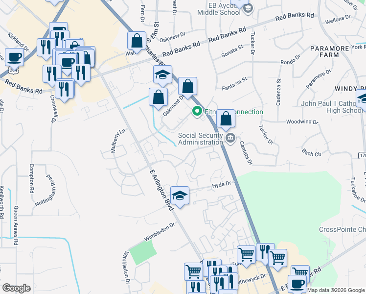 map of restaurants, bars, coffee shops, grocery stores, and more near 2712 Townes Drive in Greenville