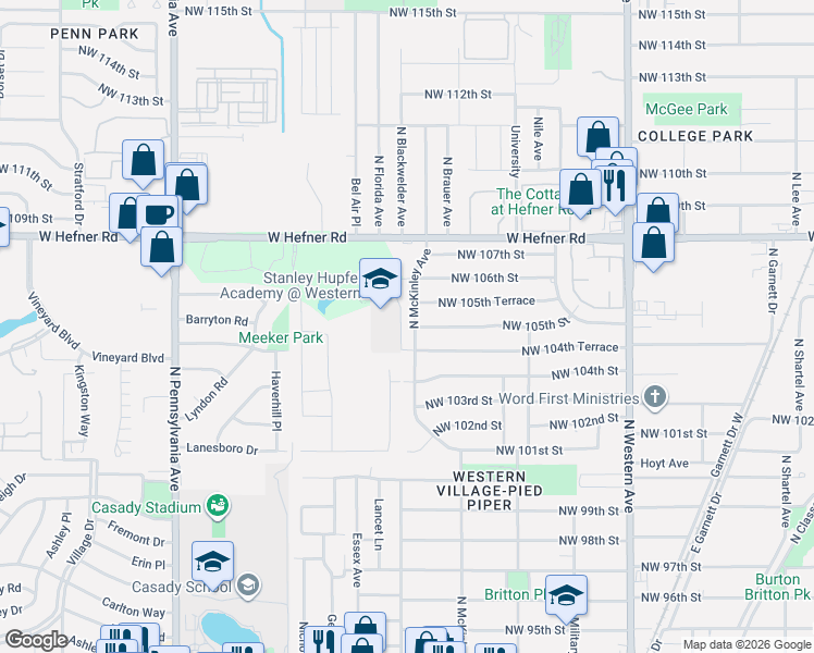 map of restaurants, bars, coffee shops, grocery stores, and more near 10509 North McKinley Avenue in Oklahoma City