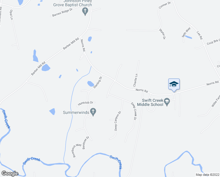map of restaurants, bars, coffee shops, grocery stores, and more near Meadow Creek Drive in Johnston County