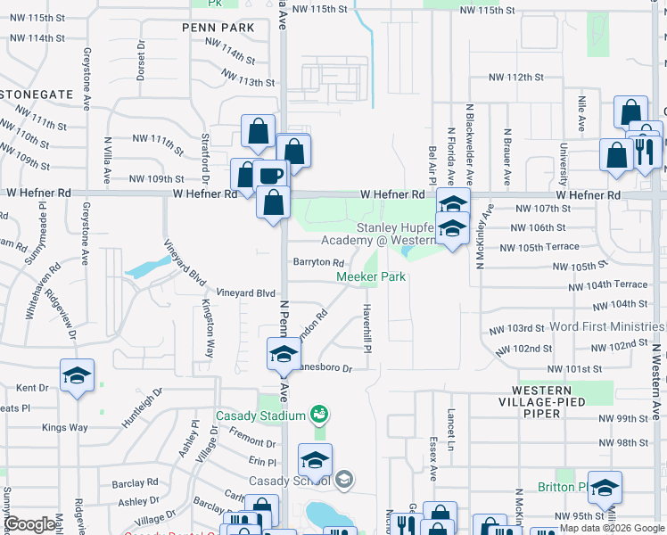 map of restaurants, bars, coffee shops, grocery stores, and more near 10505 Lyndon Road in The Village