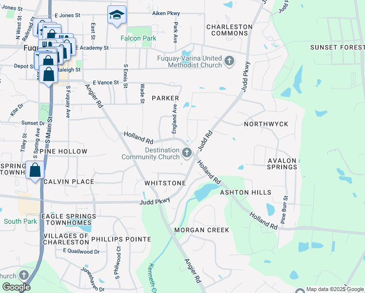 map of restaurants, bars, coffee shops, grocery stores, and more near 513 Creekway Drive in Fuquay-Varina