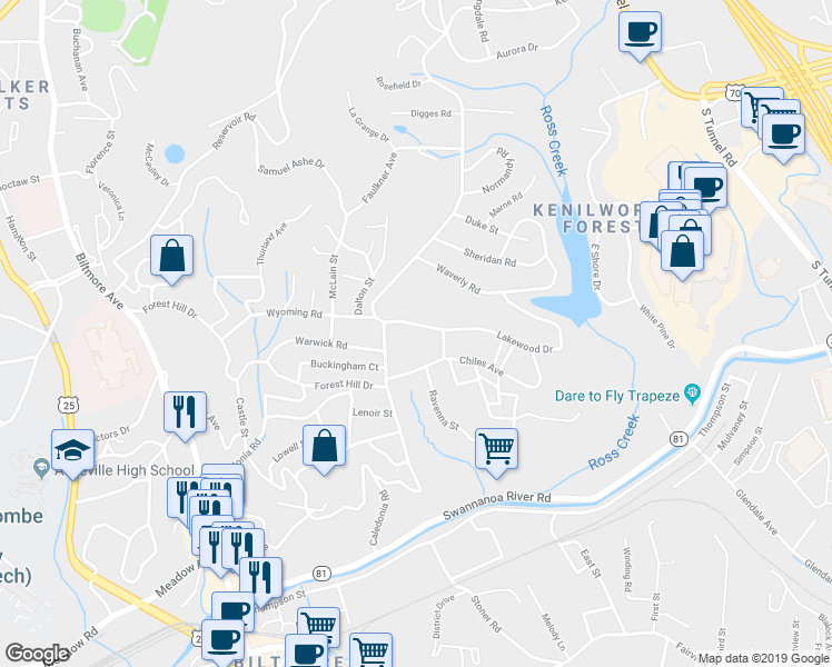 map of restaurants, bars, coffee shops, grocery stores, and more near 33 Lakewood Drive in Asheville