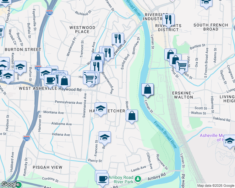 map of restaurants, bars, coffee shops, grocery stores, and more near 63 Beverly Road West in Asheville