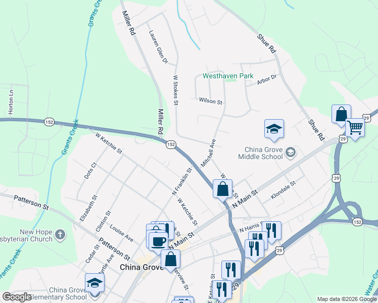 map of restaurants, bars, coffee shops, grocery stores, and more near 320 West Church Street in China Grove