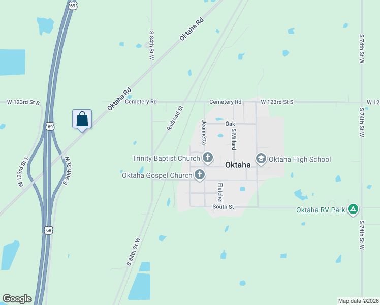 map of restaurants, bars, coffee shops, grocery stores, and more near 113 Main in Oktaha