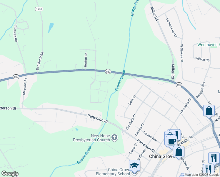 map of restaurants, bars, coffee shops, grocery stores, and more near 111 Berrybeth Circle in China Grove