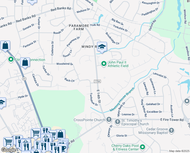 map of restaurants, bars, coffee shops, grocery stores, and more near 2842 East 14th Street in Greenville