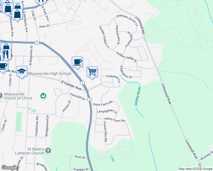 map of restaurants, bars, coffee shops, grocery stores, and more near 113 South Cromwell Drive in Mooresville