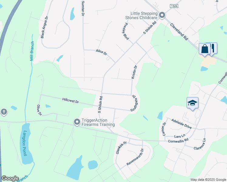 map of restaurants, bars, coffee shops, grocery stores, and more near 248 Southgate Drive in Garner