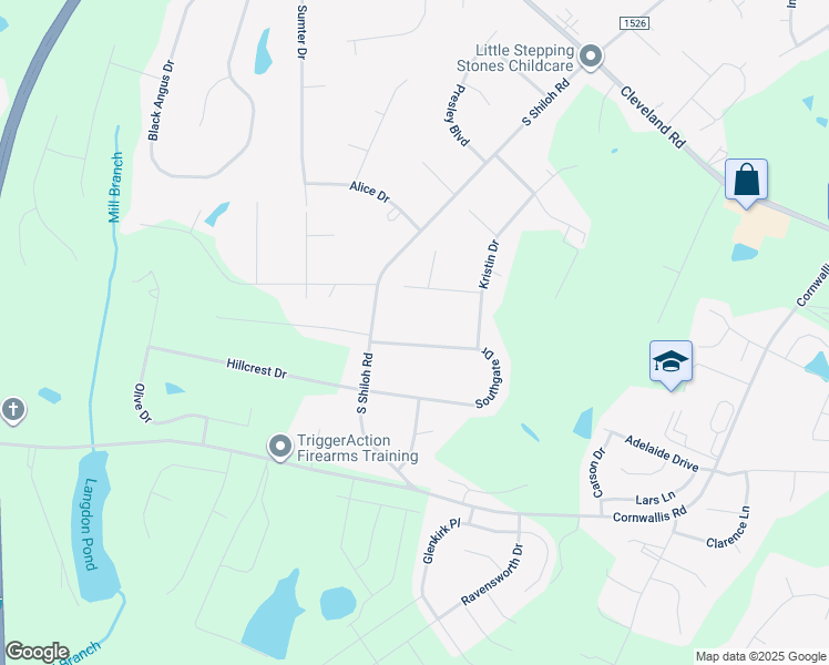 map of restaurants, bars, coffee shops, grocery stores, and more near 248 Southgate Drive in Garner