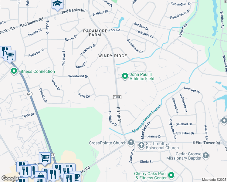 map of restaurants, bars, coffee shops, grocery stores, and more near 2842 East 14th Street in Greenville