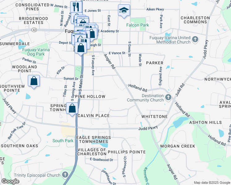 map of restaurants, bars, coffee shops, grocery stores, and more near 217 Pine Street in Fuquay-Varina