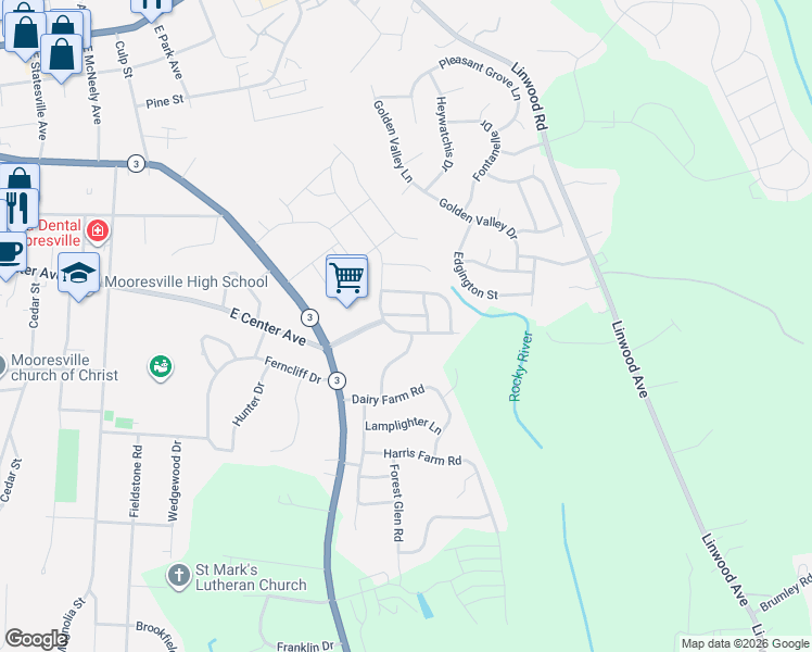 map of restaurants, bars, coffee shops, grocery stores, and more near 126 South Cromwell Drive in Mooresville