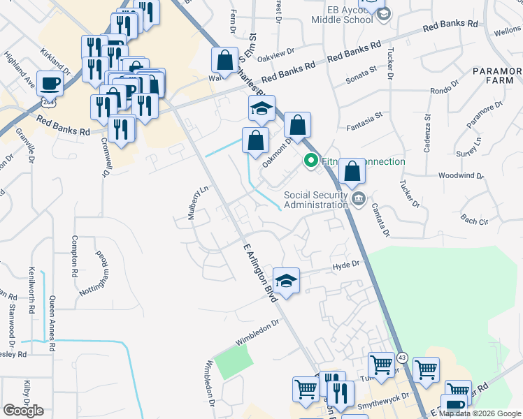 map of restaurants, bars, coffee shops, grocery stores, and more near 2731 Townes Drive in Greenville