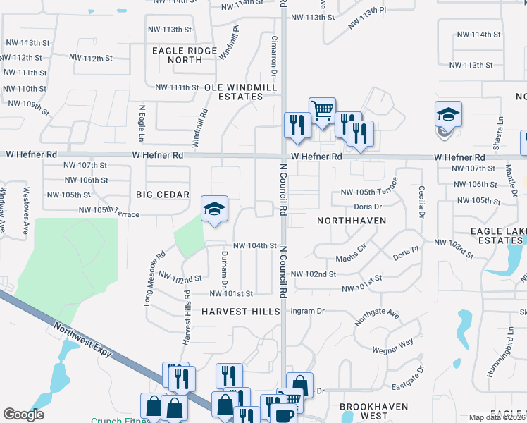 map of restaurants, bars, coffee shops, grocery stores, and more near 10509 North Council Road in Oklahoma City