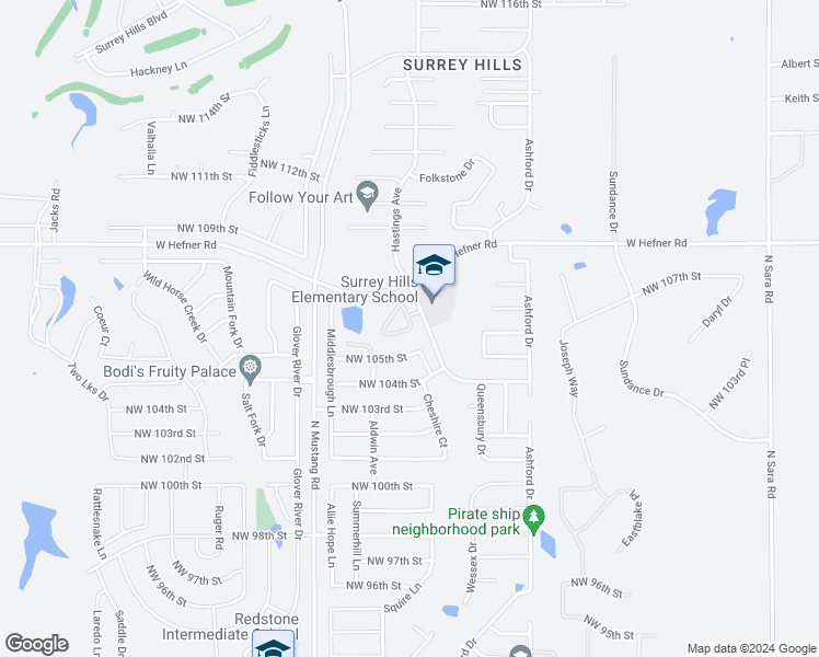 map of restaurants, bars, coffee shops, grocery stores, and more near 8420 Northwest 106th Street in Yukon