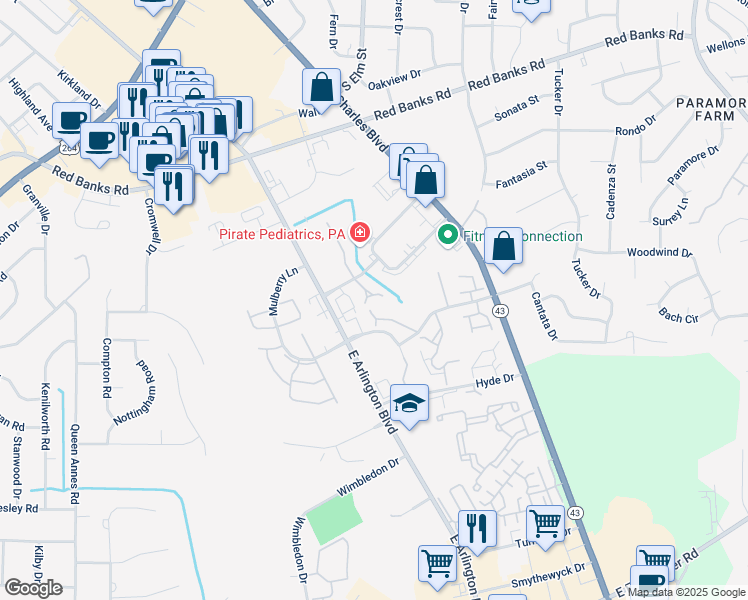 map of restaurants, bars, coffee shops, grocery stores, and more near 2731 Townes Drive in Greenville