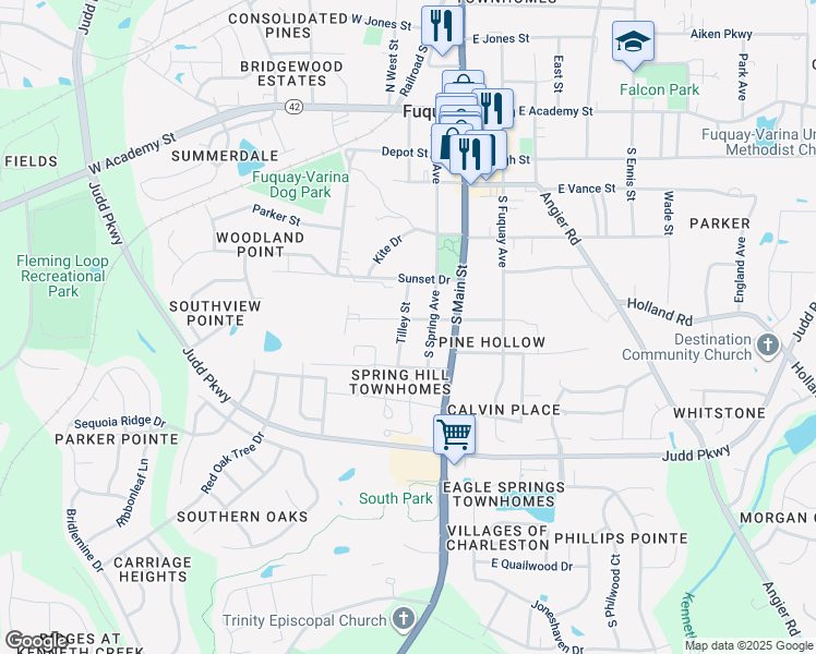 map of restaurants, bars, coffee shops, grocery stores, and more near 207 West Ransom Street in Fuquay Varina