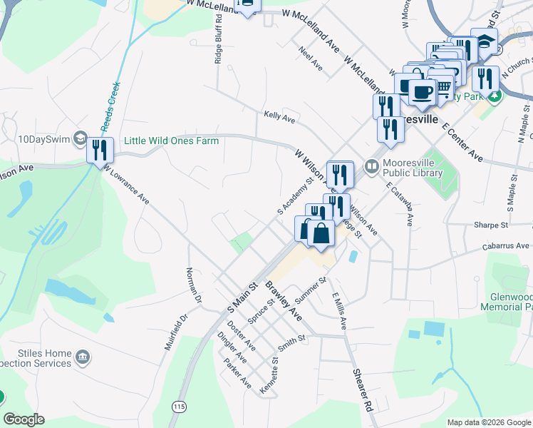 map of restaurants, bars, coffee shops, grocery stores, and more near 305 North Main Street in Mooresville