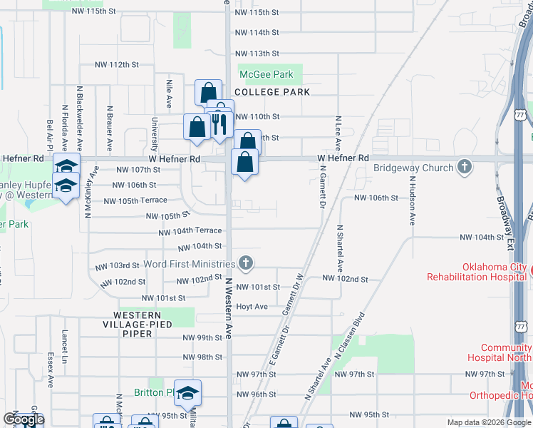map of restaurants, bars, coffee shops, grocery stores, and more near 849 Northwest 104th Street in Oklahoma City