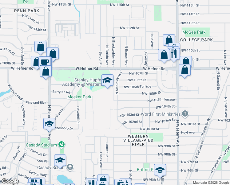 map of restaurants, bars, coffee shops, grocery stores, and more near 10509 North McKinley Avenue in Oklahoma City