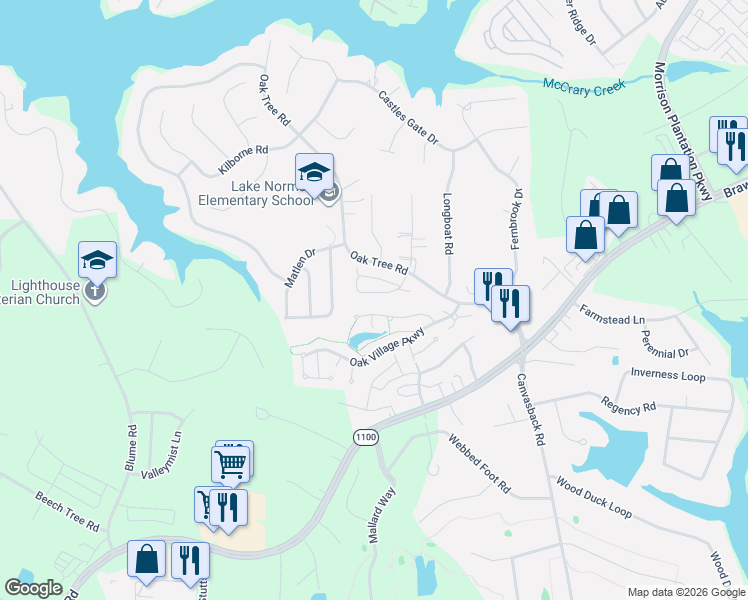 map of restaurants, bars, coffee shops, grocery stores, and more near 136 Ashwood Lane in Mooresville