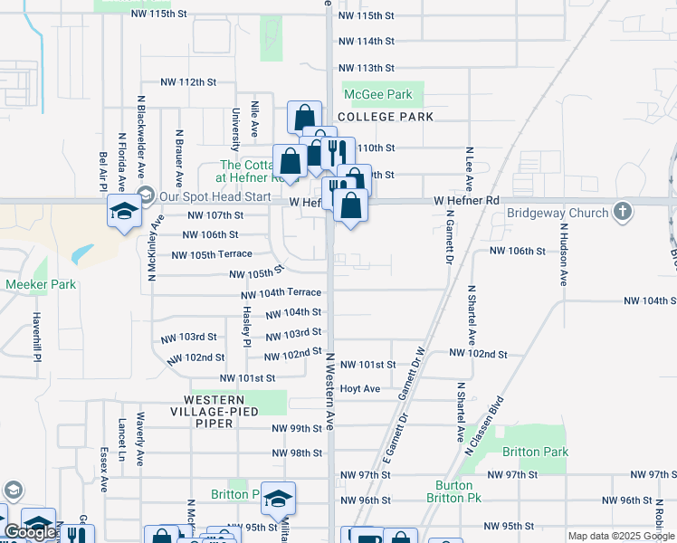 map of restaurants, bars, coffee shops, grocery stores, and more near 1100 Northwest 105th Street in Oklahoma City