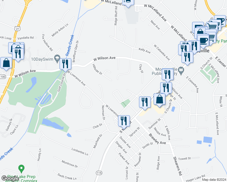 map of restaurants, bars, coffee shops, grocery stores, and more near 545 Pitt Street in Mooresville