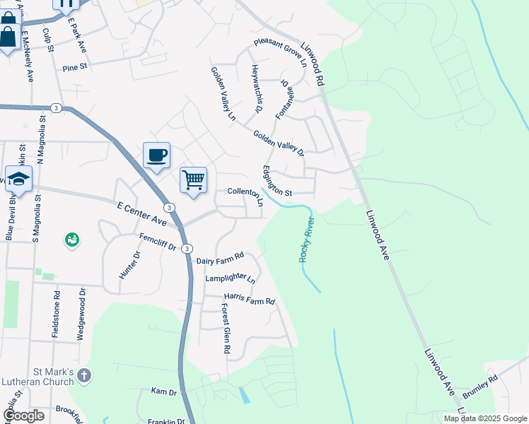 map of restaurants, bars, coffee shops, grocery stores, and more near 145 Collenton Lane in Mooresville