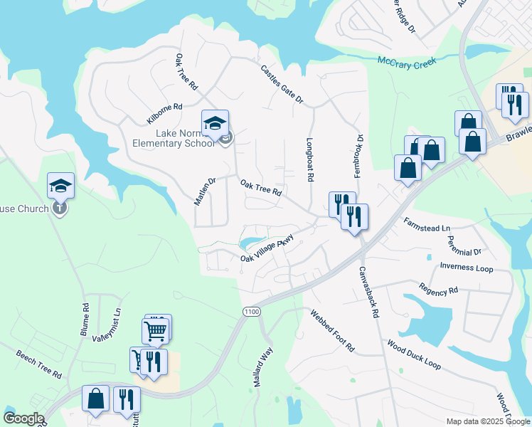 map of restaurants, bars, coffee shops, grocery stores, and more near 121 Brawley Point Circle in Mooresville