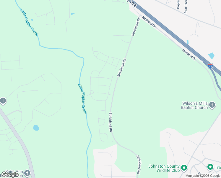 map of restaurants, bars, coffee shops, grocery stores, and more near Strickland Road in Smithfield