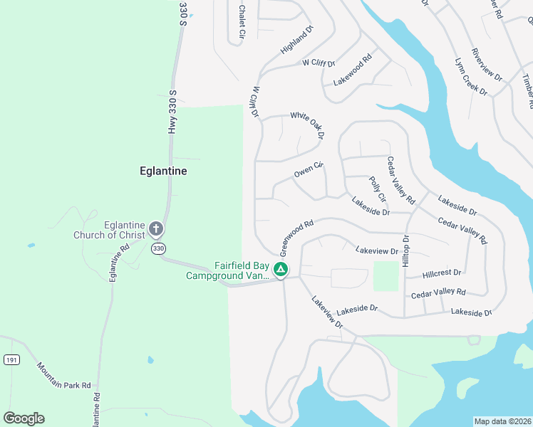 map of restaurants, bars, coffee shops, grocery stores, and more near 110 Cliff Circle in Fairfield Bay