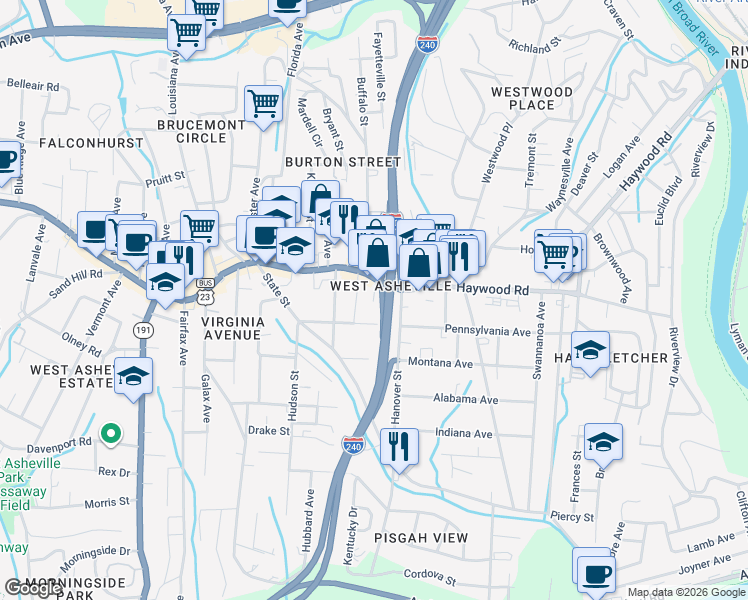 map of restaurants, bars, coffee shops, grocery stores, and more near 10 Brookshire Place in Asheville