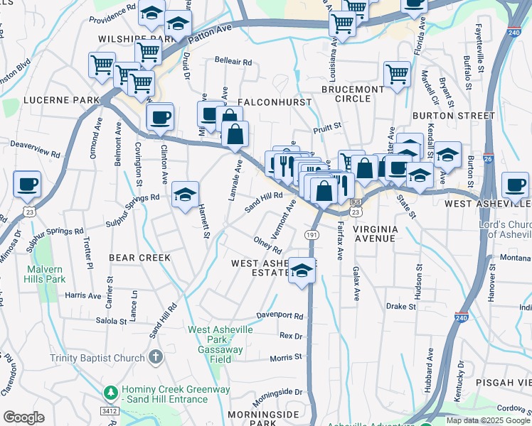 map of restaurants, bars, coffee shops, grocery stores, and more near 34 Maple Crescent Street in Asheville