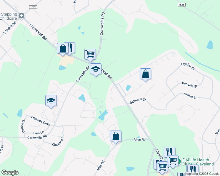 map of restaurants, bars, coffee shops, grocery stores, and more near 38 Weldon Drive in Clayton
