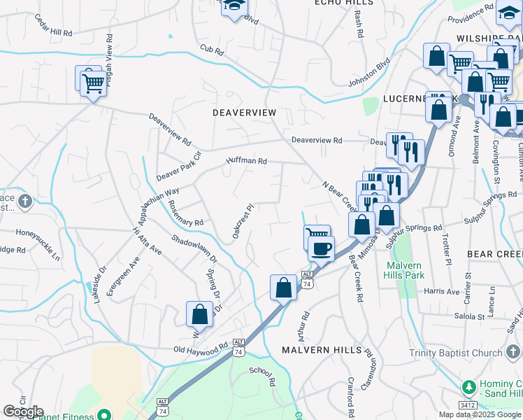 map of restaurants, bars, coffee shops, grocery stores, and more near 50 Oakcrest Drive in Asheville