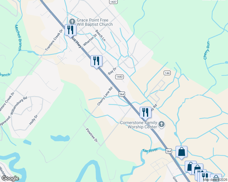 map of restaurants, bars, coffee shops, grocery stores, and more near Tranters Court Drive in Washington