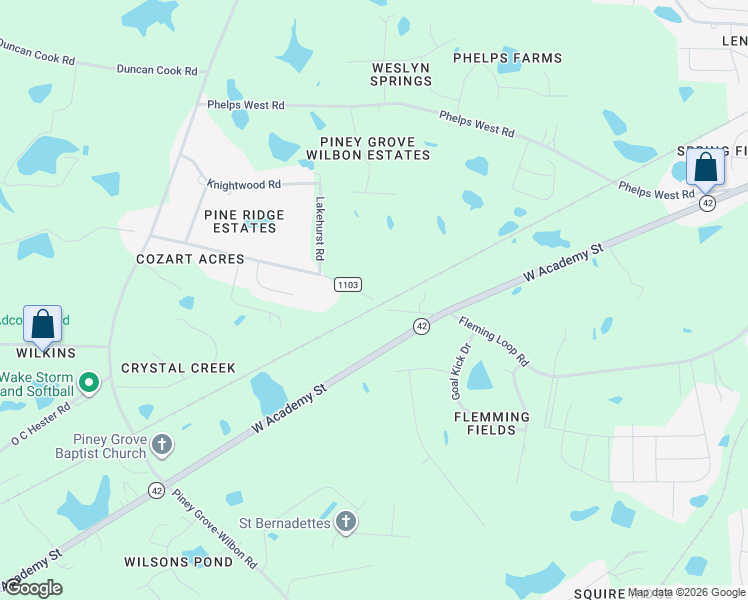 map of restaurants, bars, coffee shops, grocery stores, and more near 2300 Fleming Road in Fuquay-Varina