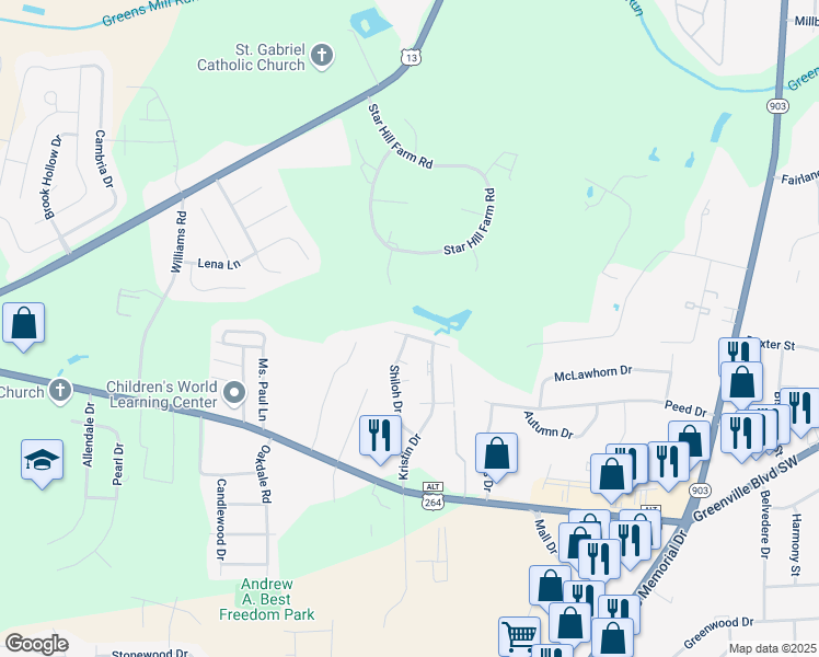 map of restaurants, bars, coffee shops, grocery stores, and more near 302 Alice Drive in Greenville