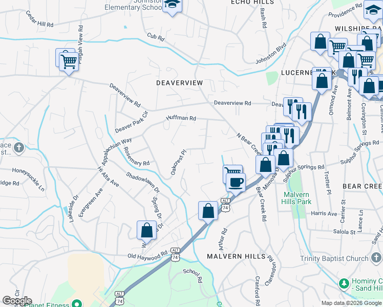 map of restaurants, bars, coffee shops, grocery stores, and more near 50 Oakcrest Drive in Asheville