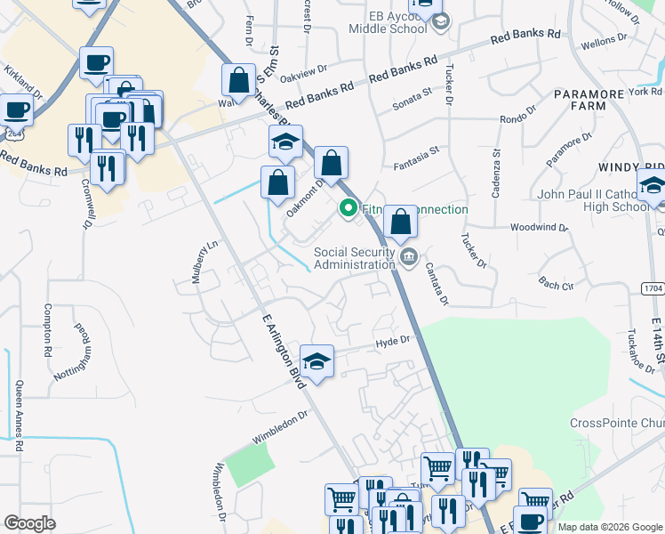 map of restaurants, bars, coffee shops, grocery stores, and more near 101 Breezewood Drive in Greenville