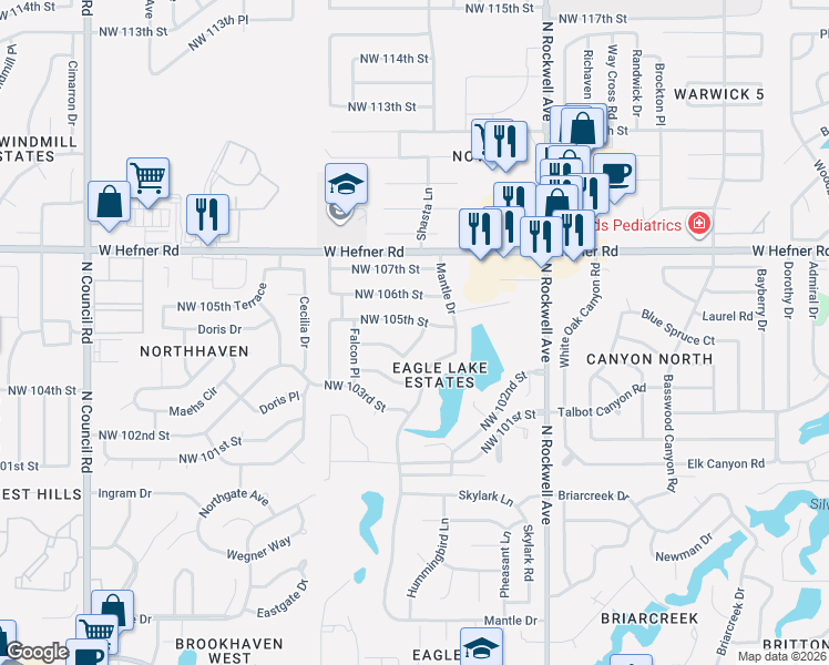 map of restaurants, bars, coffee shops, grocery stores, and more near 10421 Eagle Lane in Oklahoma City