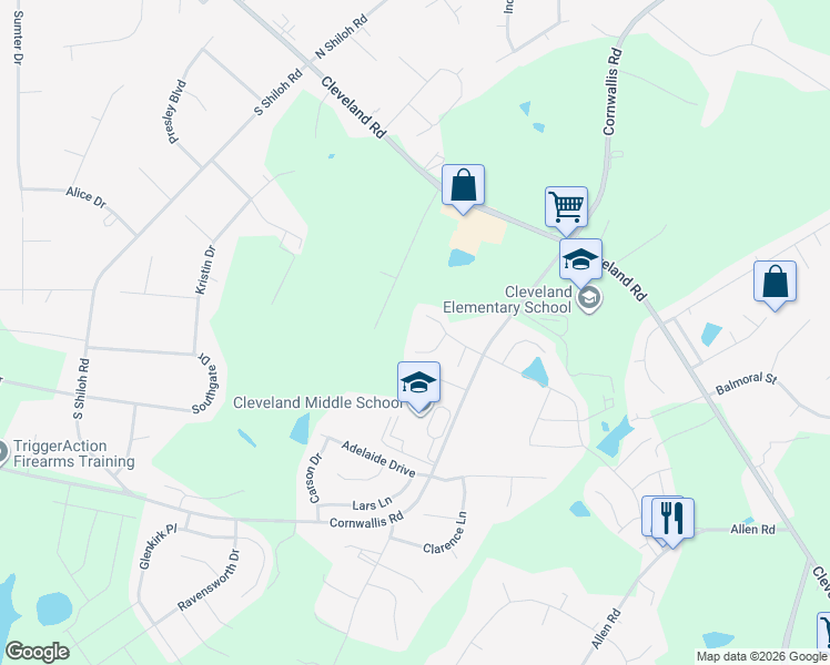 map of restaurants, bars, coffee shops, grocery stores, and more near 2429 Cornwallis Road in Garner
