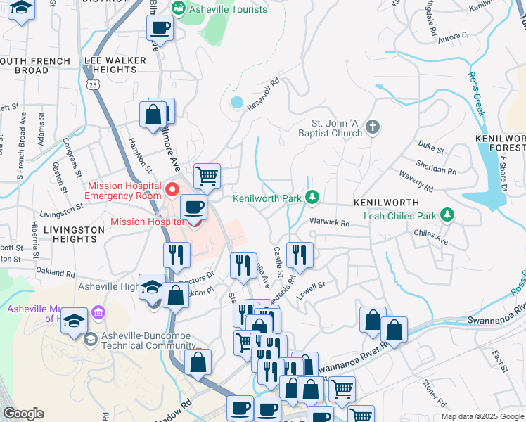 map of restaurants, bars, coffee shops, grocery stores, and more near 84 Forest Hill Drive in Asheville