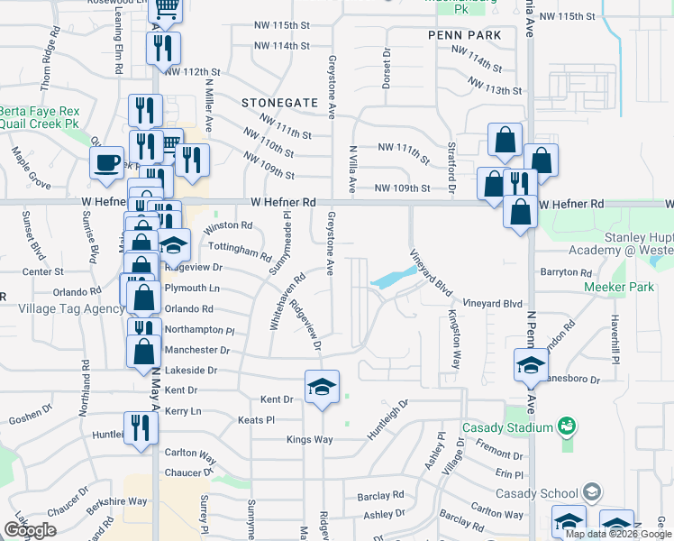 map of restaurants, bars, coffee shops, grocery stores, and more near 10604 Greystone Avenue in The Village