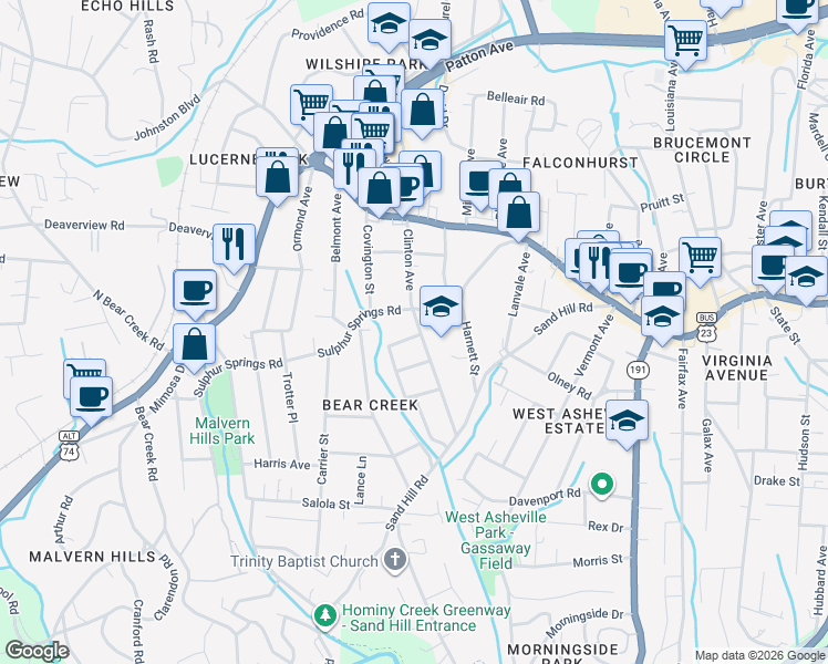map of restaurants, bars, coffee shops, grocery stores, and more near 119 Clinton Avenue in Asheville